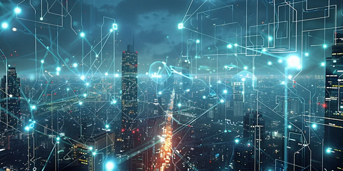 An urban area encircled by a network of lines, representing the impact of AI connectivity on today's technological landscape