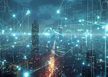 An urban area encircled by a network of lines, representing the impact of AI connectivity on today's technological landscape