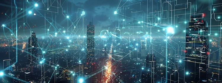 Harnessing the Power of AI Connectivity: A Beginner's Guide 1 An urban area encircled by a network of lines, representing the impact of AI connectivity on today's technological landscape