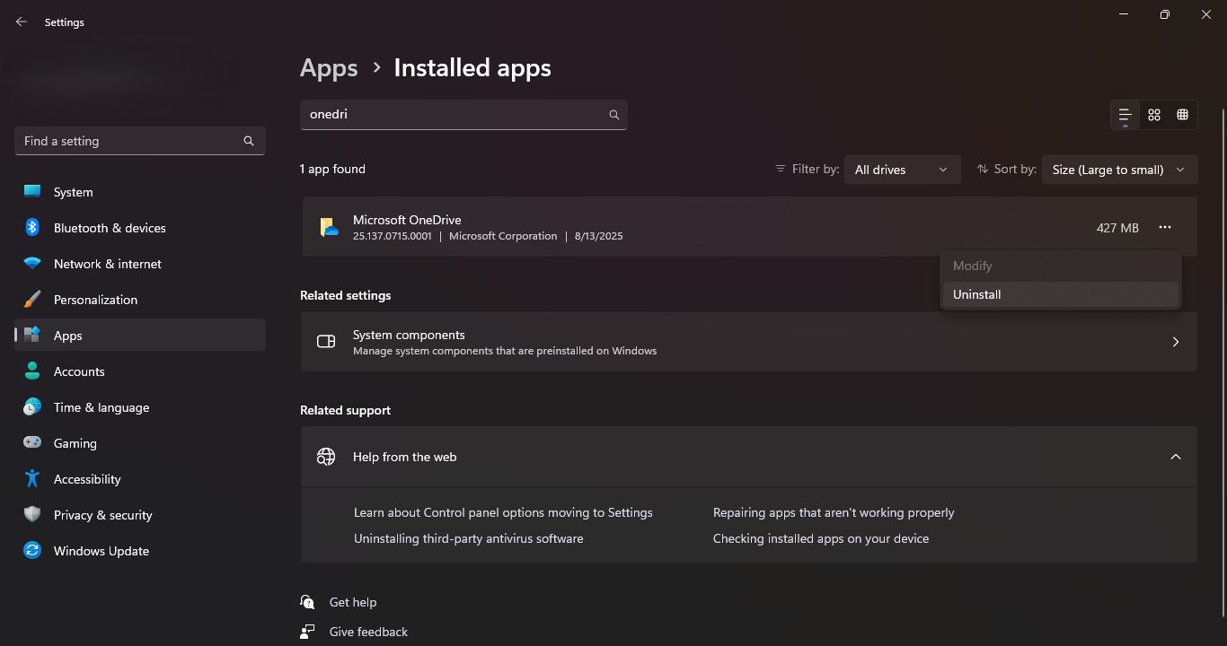 uninstall onedrive via windows settings