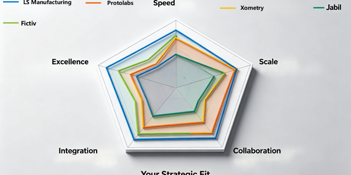 A five-point radar chart infographic comparing the core capabilities of the 5 CNC suppliers (LS Manufacturing, Protolabs, Xometry, Fictiv, Jabil) on axes of Speed, Scale, Collaboration, Integration, and Excellence, providing a visual decision framework as detailed in the article.