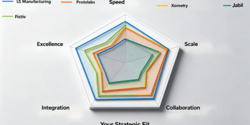 A five-point radar chart infographic comparing the core capabilities of the 5 CNC suppliers (LS Manufacturing, Protolabs, Xometry, Fictiv, Jabil) on axes of Speed, Scale, Collaboration, Integration, and Excellence, providing a visual decision framework as detailed in the article.