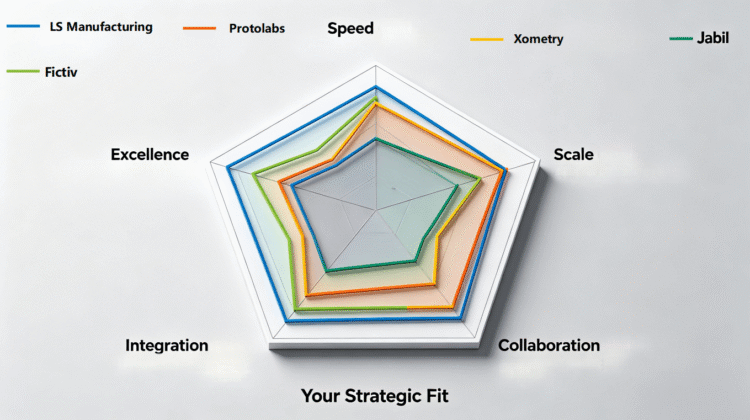 A five-point radar chart infographic comparing the core capabilities of the 5 CNC suppliers (LS Manufacturing, Protolabs, Xometry, Fictiv, Jabil) on axes of Speed, Scale, Collaboration, Integration, and Excellence, providing a visual decision framework as detailed in the article.