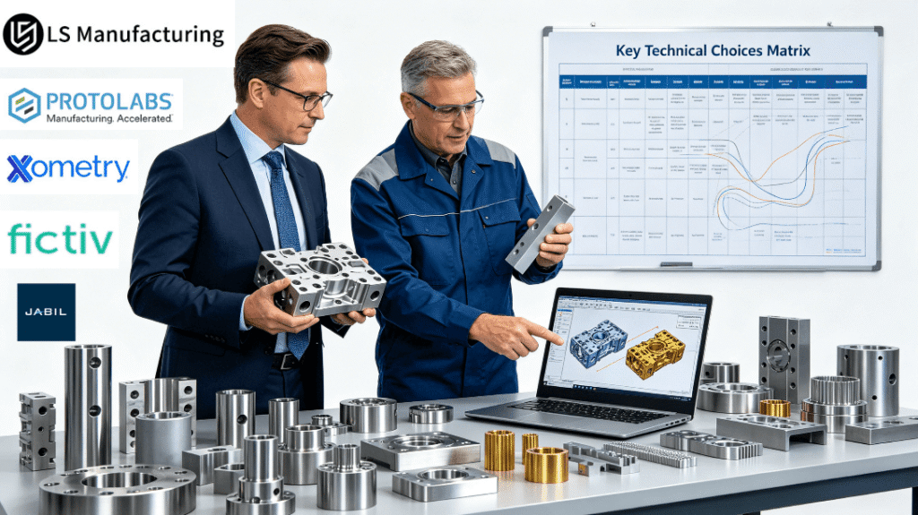 An OEM project director and a senior manufacturing engineer compare titanium and aluminum CNC prototypes side-by-side, with CAD models and a key supplier decision matrix in the background, visualizing the core material and partner selection dilemma for cost savings.