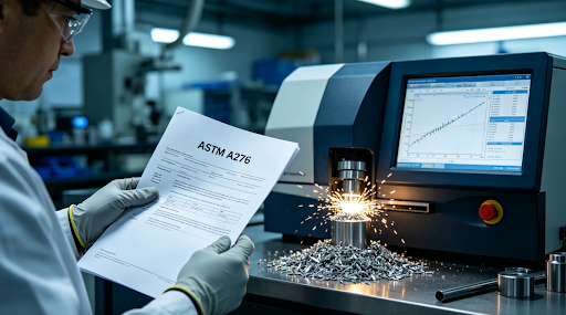 Top 5 Pitfalls in Sourcing Stainless Steel CNC Machining Services for Medical Devices and How to Avoid Them 2 Close-up, realistic shotof an engineer's gloved hand holding an ASTM A276 standard nextto a spark spectrometer, with "MTC Verification" visible.