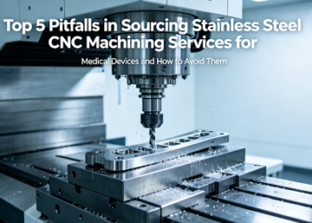 A hyper-realistic photoof a CNC machining center cutting a 316L stainless steel orthopedic implant in a cleanroom, overlaid with the title "Top 5 Pitfalls in Sourcing Stainless Steel CNC Machining Services for Medical Devices and How to Avoid Them