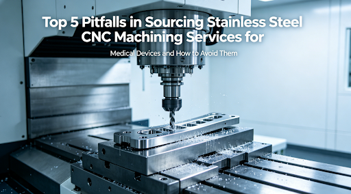 Top 5 Pitfalls in Sourcing Stainless Steel CNC Machining Services for Medical Devices and How to Avoid Them 1 A hyper-realistic photoof a CNC machining center cutting a 316L stainless steel orthopedic implant in a cleanroom, overlaid with the title "Top 5 Pitfalls in Sourcing Stainless Steel CNC Machining Services for Medical Devices and How to Avoid Them